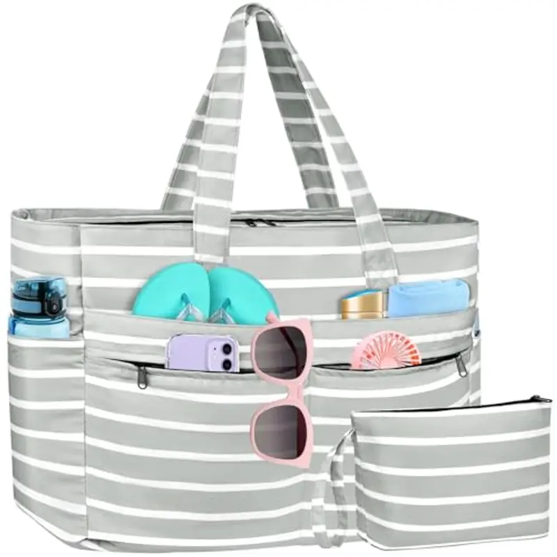 WACCET Borsa Mare Donna Grande, Borsa Spiaggia Donna Impermeabile con Zip Borsa Mare Grande XXL Famiglia 50L Pieghevole Leggera Borsa Beach Tote Bag per Spiaggia, Viaggio, Vacanza, Piscina