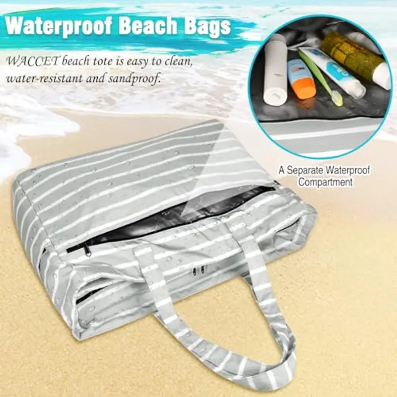 WACCET Borsa Mare Donna Grande, Borsa Spiaggia Donna Impermeabile con Zip Borsa Mare Grande XXL Famiglia 50L Pieghevole Leggera Borsa Beach Tote Bag per Spiaggia, Viaggio, Vacanza, Piscina miniatura 3