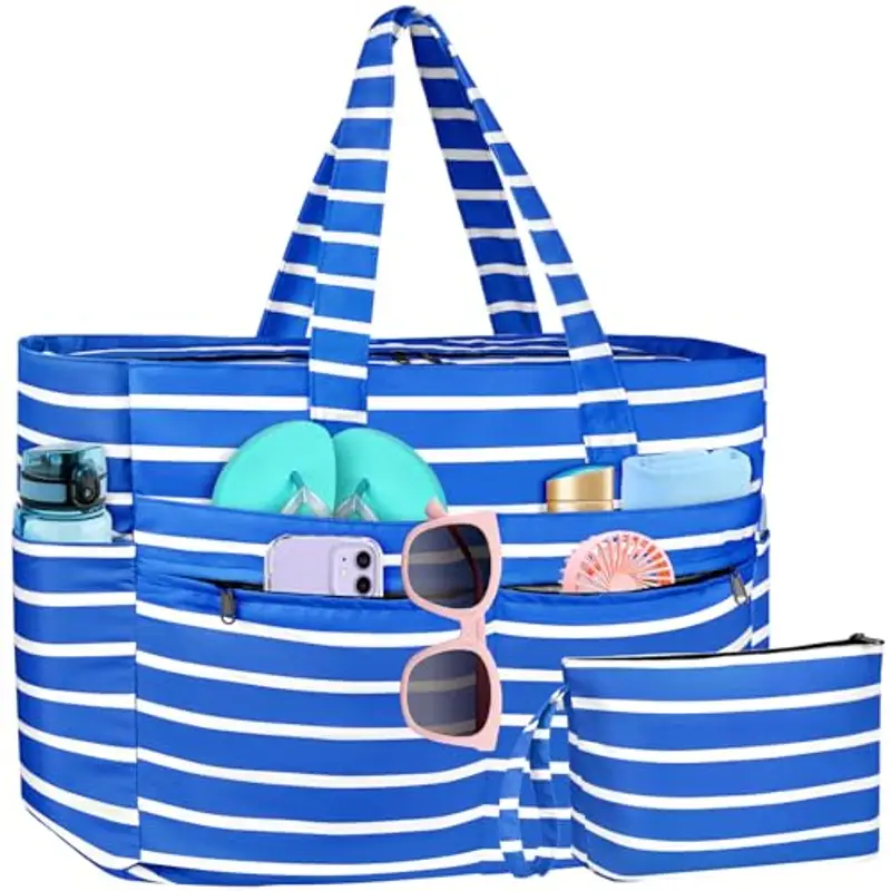 WACCET Borsa Mare Donna Grande, Borsa Spiaggia Donna Impermeabile con Zip Borsa Mare Grande XXL Famiglia 50L Pieghevole Leggera Borsa Beach Tote Bag per Spiaggia, Viaggio, Vacanza, Piscina
