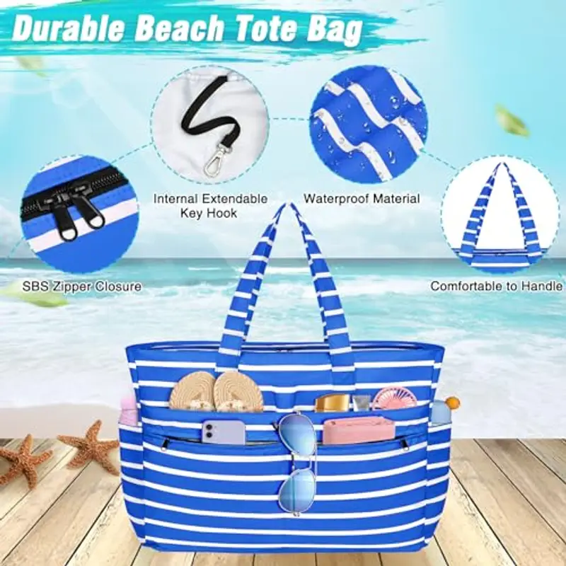 WACCET Borsa Mare Donna Grande, Borsa Spiaggia Donna Impermeabile con Zip Borsa Mare Grande XXL Famiglia 50L Pieghevole Leggera Borsa Beach Tote Bag per Spiaggia, Viaggio, Vacanza, Piscina miniatura 2