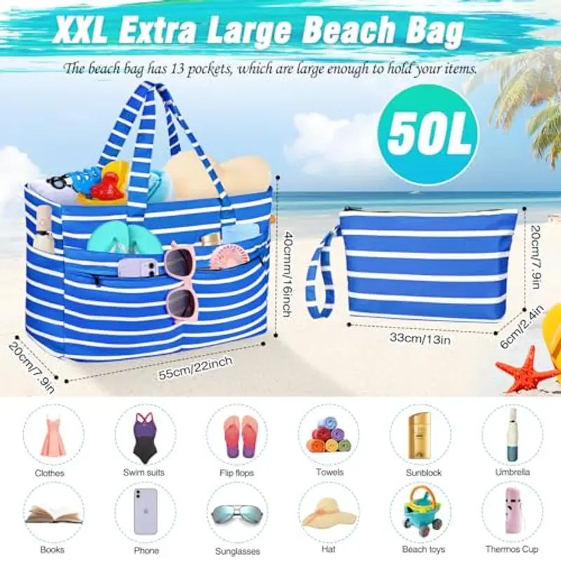 WACCET Borsa Mare Donna Grande, Borsa Spiaggia Donna Impermeabile con Zip Borsa Mare Grande XXL Famiglia 50L Pieghevole Leggera Borsa Beach Tote Bag per Spiaggia, Viaggio, Vacanza, Piscina miniatura 3
