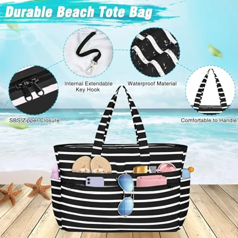 WACCET Borsa Mare Donna Grande, Borsa Spiaggia Donna Impermeabile con Zip Borsa Mare Grande XXL Famiglia 50L Pieghevole Leggera Borsa Beach Tote Bag per Spiaggia, Viaggio, Vacanza, Piscina miniatura 2