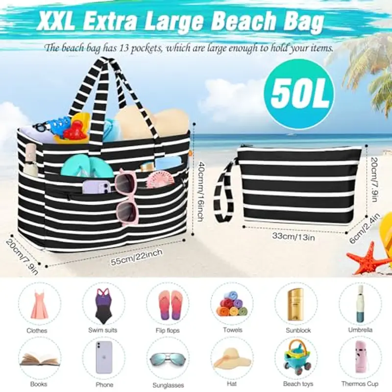 WACCET Borsa Mare Donna Grande, Borsa Spiaggia Donna Impermeabile con Zip Borsa Mare Grande XXL Famiglia 50L Pieghevole Leggera Borsa Beach Tote Bag per Spiaggia, Viaggio, Vacanza, Piscina miniatura 3