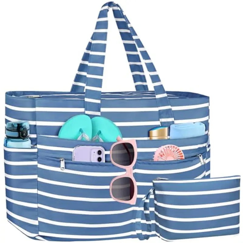 WACCET Borsa Mare Donna Grande, Borsa Spiaggia Donna Impermeabile con Zip Borse Mare Grande XXL Famiglia 50L Pieghevole Leggera Borse Beach Tote Bag per Spiaggia, Viaggio, Vacanza, Piscina