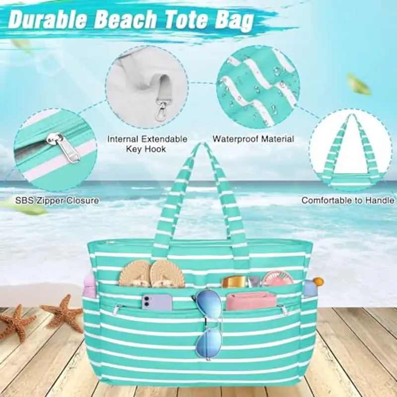 WACCET Borsa Mare Donna Grande, Borsa Spiaggia Donna Impermeabile con Zip Borse Mare Grande XXL Famiglia 50L Pieghevole Leggera Borse Beach Tote Bag per Spiaggia, Viaggio, Vacanza, Piscina miniatura 2