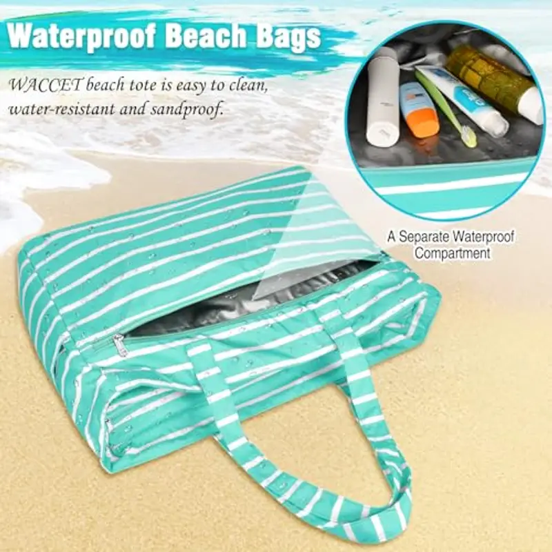 WACCET Borsa Mare Donna Grande, Borsa Spiaggia Donna Impermeabile con Zip Borse Mare Grande XXL Famiglia 50L Pieghevole Leggera Borse Beach Tote Bag per Spiaggia, Viaggio, Vacanza, Piscina miniatura 3