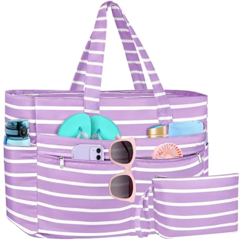 WACCET Borsa Mare Donna Grande, Borsa Spiaggia Donna Impermeabile con Zip Borse Mare Grande XXL Famiglia 50L Pieghevole Leggera Borse Beach Tote Bag per Spiaggia, Viaggio, Vacanza, Piscina