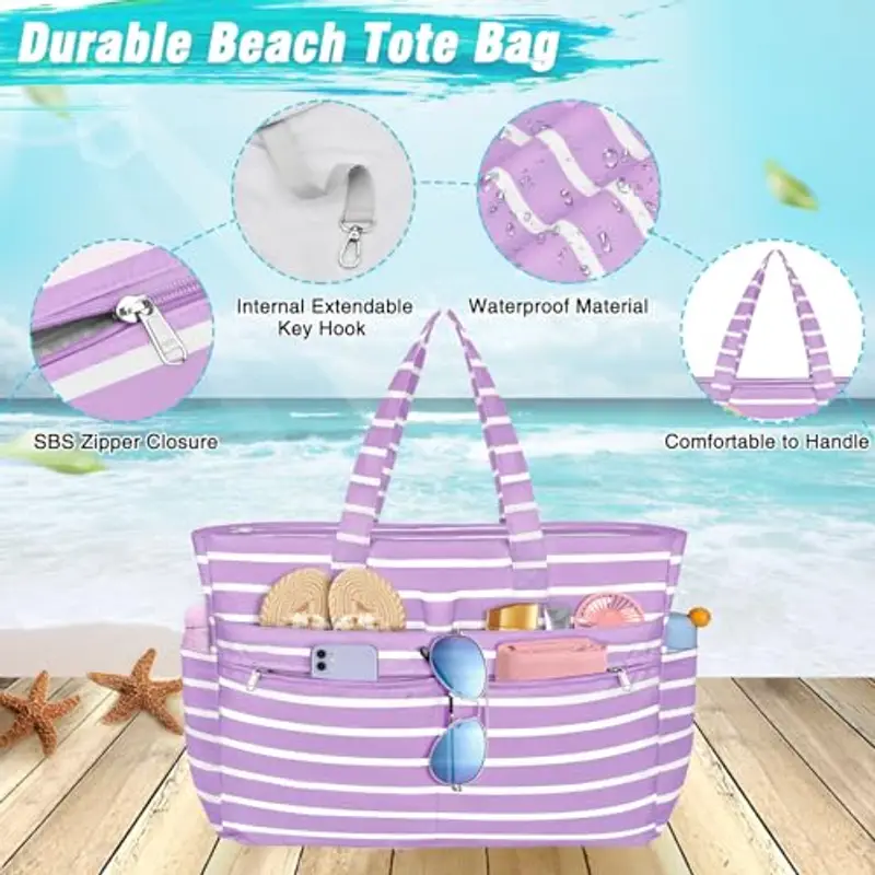 WACCET Borsa Mare Donna Grande, Borsa Spiaggia Donna Impermeabile con Zip Borse Mare Grande XXL Famiglia 50L Pieghevole Leggera Borse Beach Tote Bag per Spiaggia, Viaggio, Vacanza, Piscina miniatura 2