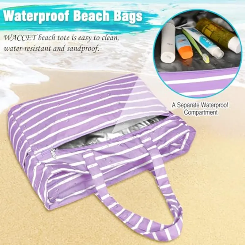 WACCET Borsa Mare Donna Grande, Borsa Spiaggia Donna Impermeabile con Zip Borse Mare Grande XXL Famiglia 50L Pieghevole Leggera Borse Beach Tote Bag per Spiaggia, Viaggio, Vacanza, Piscina miniatura 3