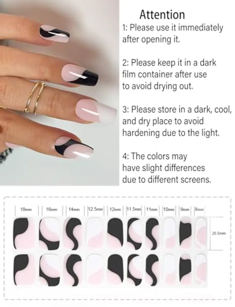 Wahrshei Unghie Gel Adesive UV | Nero e Bianco Francese Smalto Adesivo Gel UV | 20 PCS Pellicola per Unghie Autoadesiva miniatura 2