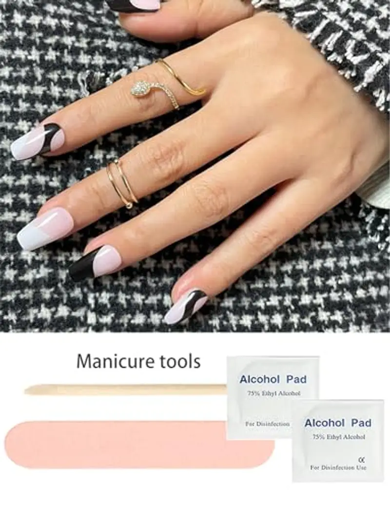 Wahrshei Unghie Gel Adesive UV | Nero e Bianco Francese Smalto Adesivo Gel UV | 20 PCS Pellicola per Unghie Autoadesiva miniatura 3