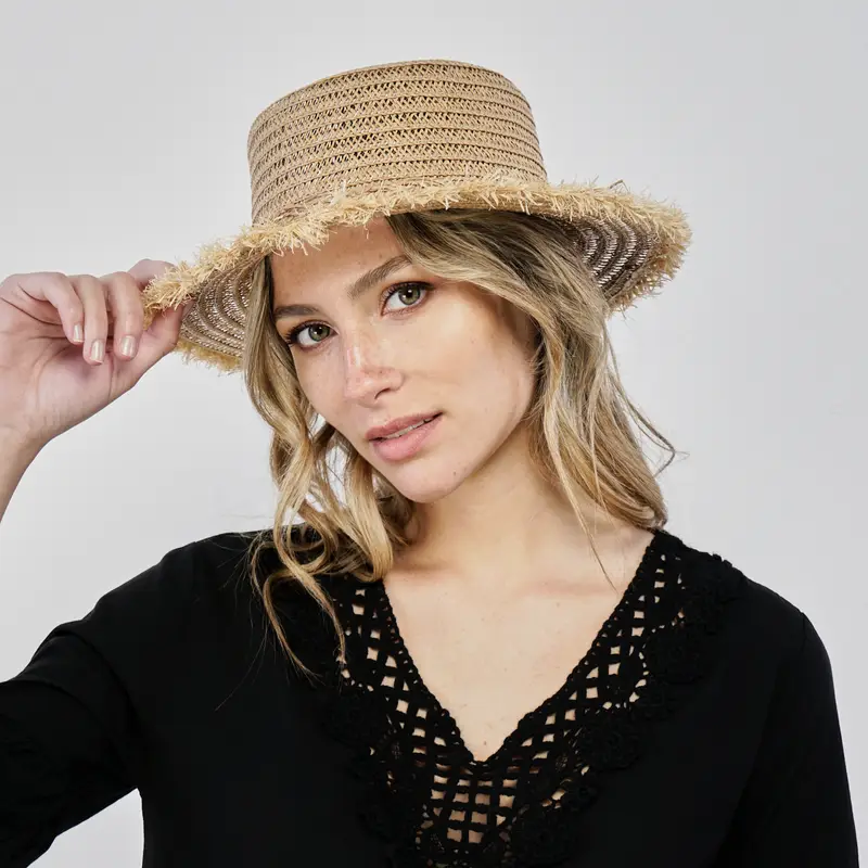Cappello beige da mare effetto paglia con perline