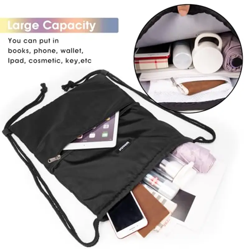 WANDF Borsa morbida Zaino a corde Borsa Coulisse Sacca sportiva Sacche da palestra resistente all'acqua Zaino donna palestra uomo (A-Nero) miniatura 2