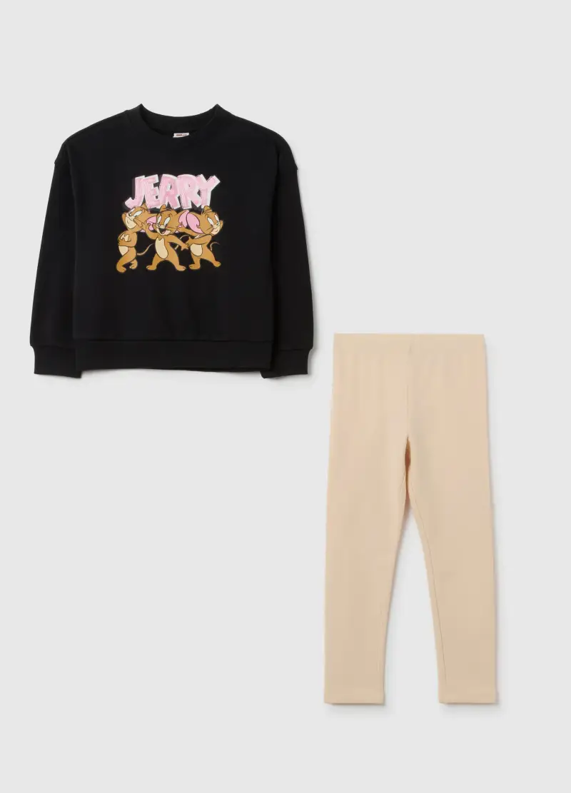 Completo Da Bambina In Misto Cotone Nero E Beige, Nero