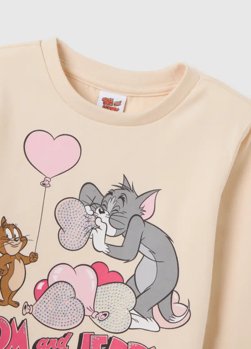 Maglia Da Bambina In Cotone Beige Regular Fit Con Stampa Tom E Jerry, Beige miniatura 3