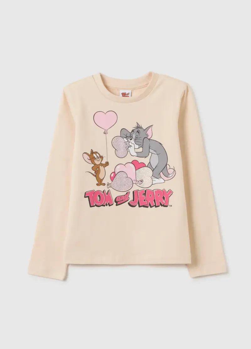 Maglia Da Bambina In Cotone Beige Regular Fit Con Stampa Tom E Jerry, Beige