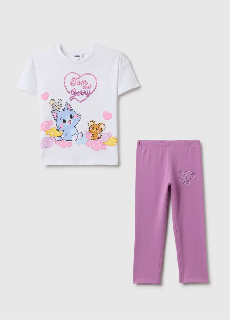Set T-shirt Leggings In Cotone Elasticizzato Multicolor Da Bambina, Bianco