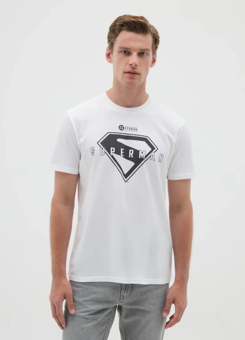 T-shirt Da Uomo In Puro Cotone Bianca Con Logo Superman, Bianco