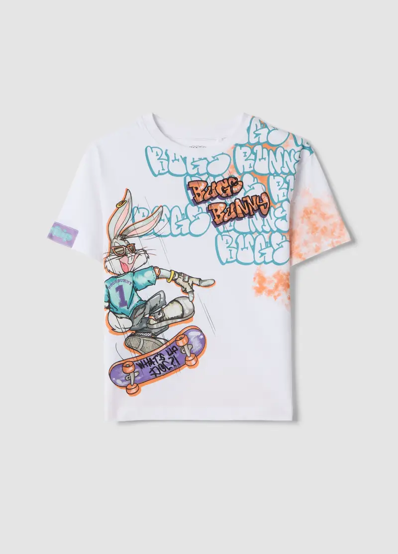 T-shirt In Puro Cotone Bianca Da Bambino Oversize Fit Con Bugs Bunny, Bianco