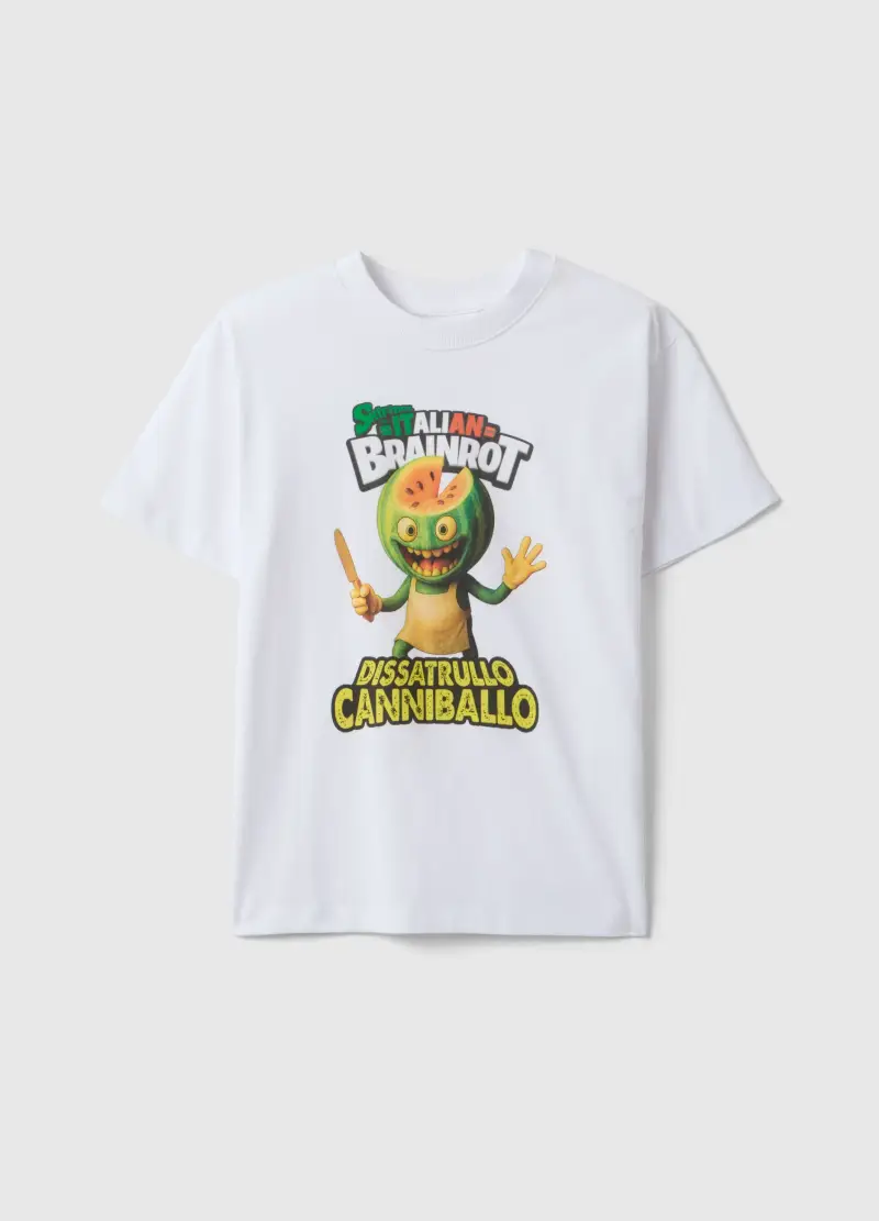 T-shirt In Puro Cotone Bianca Da Bambino Oversize Fit Con Stampa, Bianco