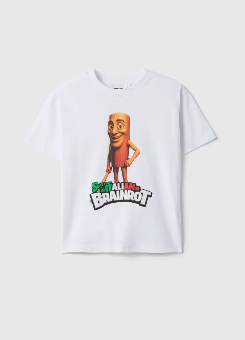 T-shirt In Puro Cotone Bianca Da Bambino Regular Fit Con Stampa, Bianco