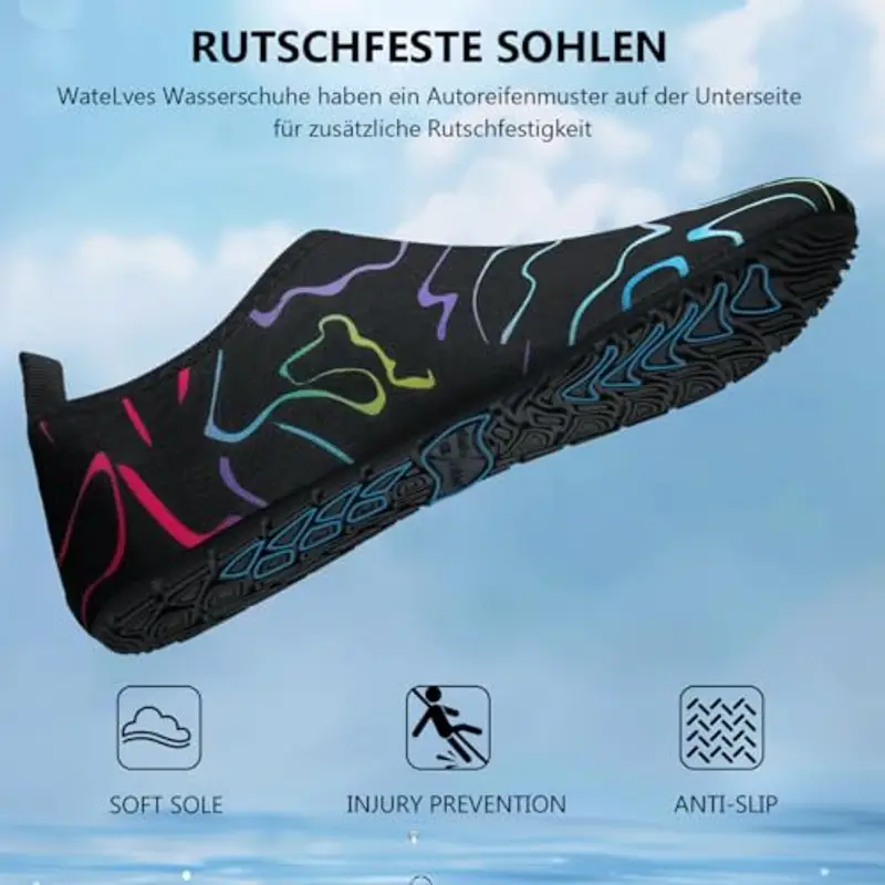 WateLves Scarpe da Bagno Uomini Donne Acqua Scarpe da Spiaggia Scarpe da nuotoTraspirante Surf Scarpe Unisex Spiaggia Piscina Yoga Farblinien schwarz-40/41 miniatura 2