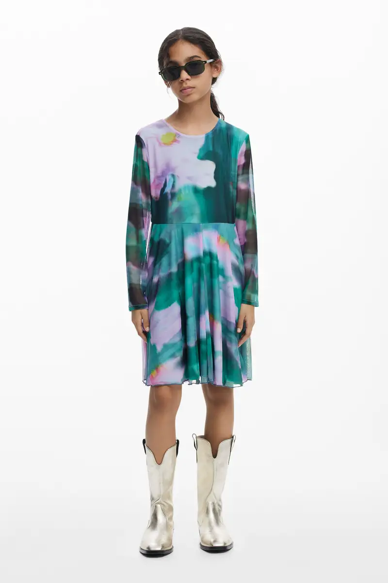 Watercolor tulle long-sleeve dress