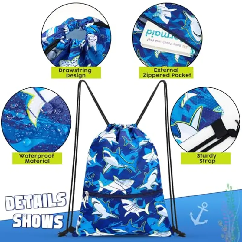 WAWSAM Borsa con Coulisse Squalo per Bambini - Sacca Palestra con Coulisse per Bambini Borsa Sportiva Bambina Ragazzo miniatura 2