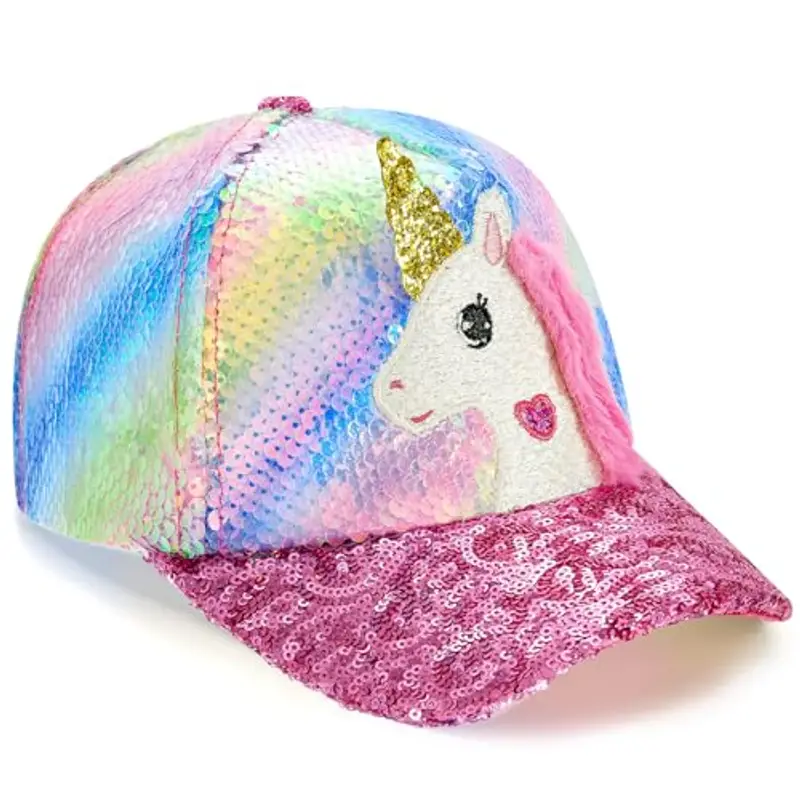 WAWSAM Cappello da baseball con unicorno per ragazze, cappello da camionista per bambini, carino e regolabile, Paillettes, 4-8 Anni