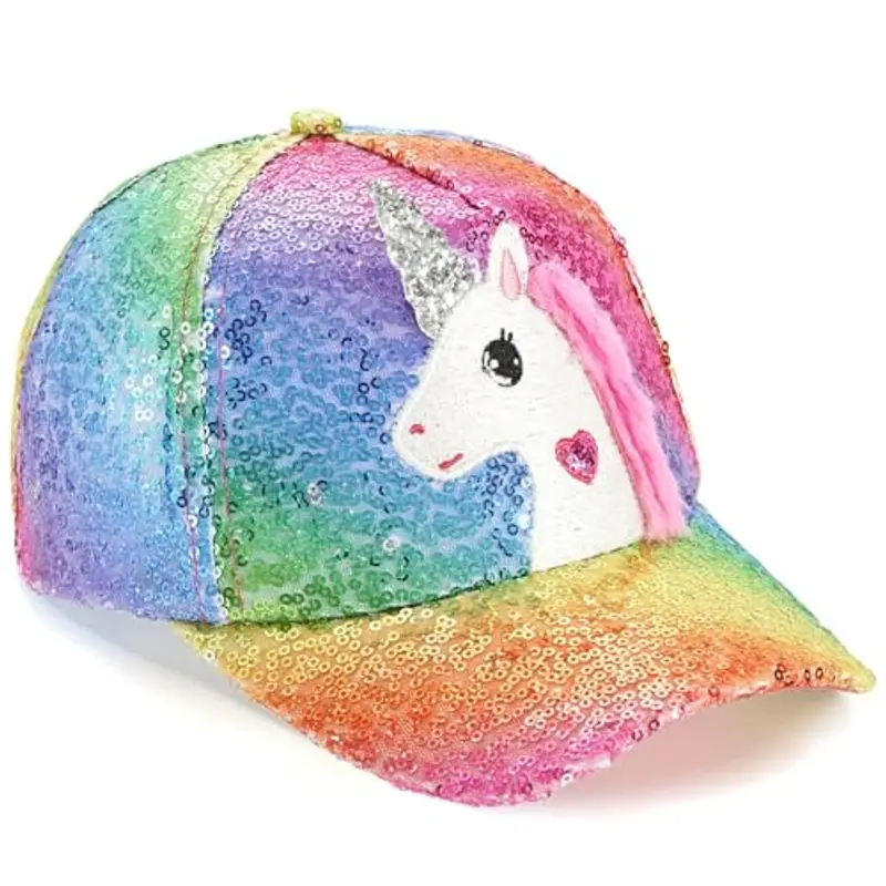 WAWSAM Cappello da baseball con unicorno per ragazze, cappello da camionista per bambini, carino e regolabile, Paillettes viola e verde, 4-8 Anni