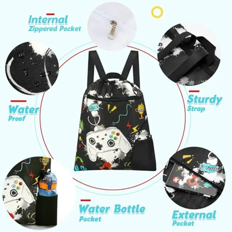 WAWSAM Gioco Zaino da Palestra Coulisse - Borsa da Palestra Sportiva per Ragazzi Bambini Impermeabile Nuotare Spiaggia Zaino Regalo di Compleanno con Tasca Frontale Tasca per Bottiglia d'Acqua miniatura 3