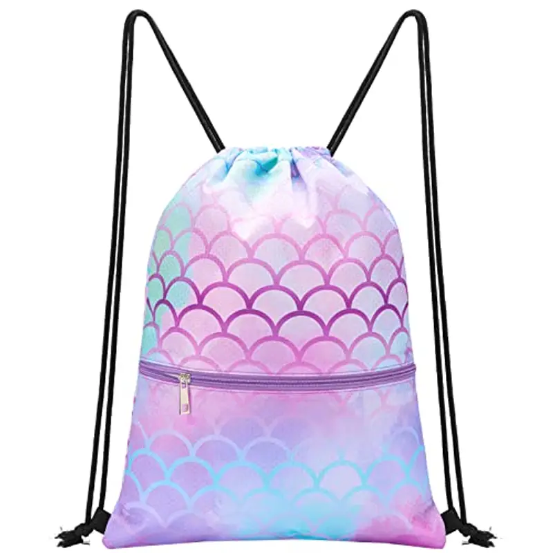 WAWSAM Sirena Sacca con Coulisse - Borse con Coulisse per Ragazze Borsa da Nuoto per Bambini per Spiaggia Nuoto Piscina Scuola Borse con Cordino con Tasca con Cerniera Borsa da Palestra