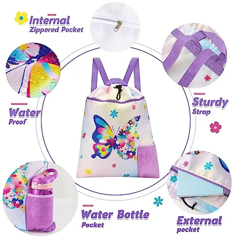 WAWSAM Zaino con Coulisse per Farfalla - Borsa da Palestra Sportiva 38 × 45 cm per Ragazze e Bambini Borsa per la Spesa da Spiaggia Impermeabile Come Regalo di Compleanno miniatura 2