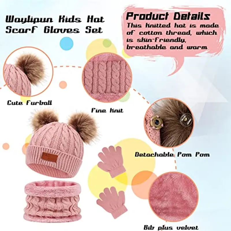 Waylipun 3 in1 Inverno Berretto Scaldacollo Guanti Set, Caldo Cappello a Maglia Bambin Invernale, Crochet Berretto con miniatura 3