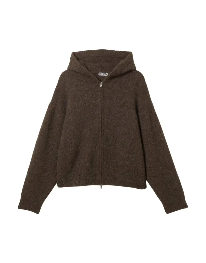 Woolblend Boxy Hoodie maglioncino in misto lana con cappuccio e zip - Dark brown M