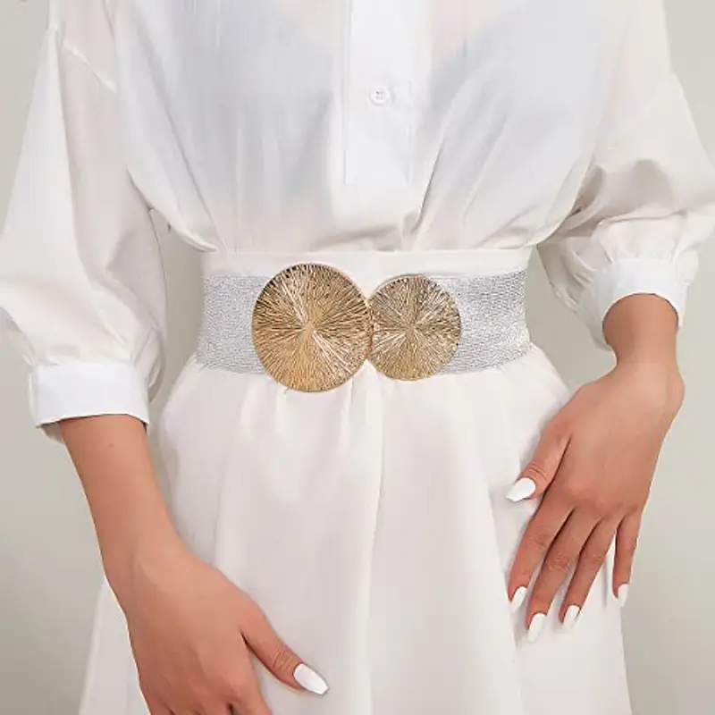 Weenkeey Cintura elastica vintage da donna in vita larga, elastica e retrò, cintura in vita alla moda con doppia fibbia miniatura 3