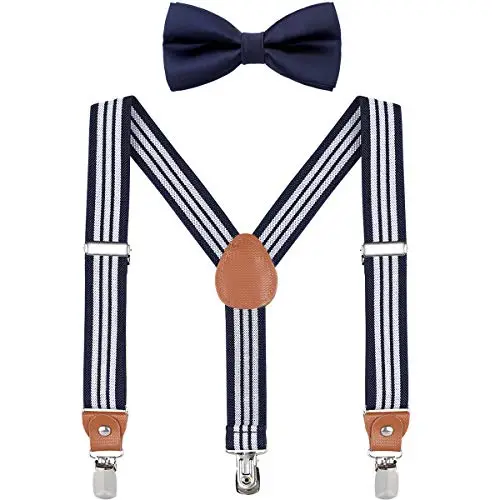 WELROG Bretelle regolabili con papillon in seta per ragazzi e ragazze by Blu navy e bianco a righe+Papillon blu navy,