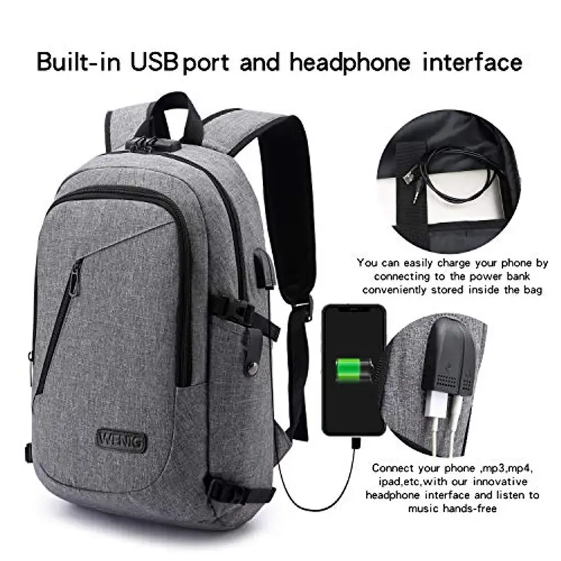 WENIG Zaino Per PC Portatile, 15.6 Pollici Zaino Porta PC con Caricatore USB, Zaino Lavoro Uomo per Scuola Viaggio, Grigio miniatura 2