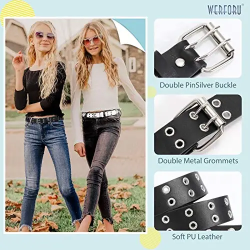 WERFORU Cintura da bambina in pelle PU, cintura in vita per pantaloni jeans, cintura con doppio occhiello miniatura 3