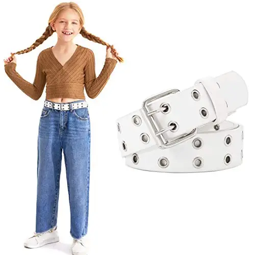 WERFORU Cintura da bambina in pelle PU, cintura in vita per pantaloni jeans, cintura con doppio occhiello, C-bianco,