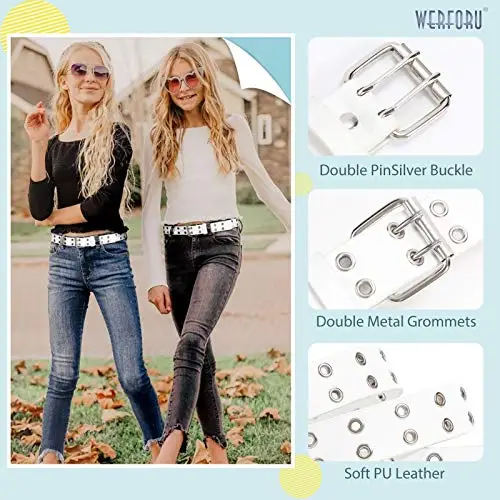 WERFORU Cintura da bambina in pelle PU, cintura in vita per pantaloni jeans, cintura con doppio occhiello, C-bianco miniatura 3