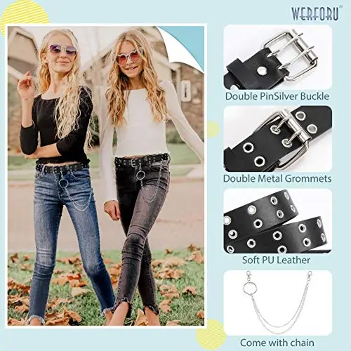 WERFORU Cintura da bambina in pelle PU, cintura in vita per pantaloni jeans, cintura con doppio occhiello, G-nero., für miniatura 3