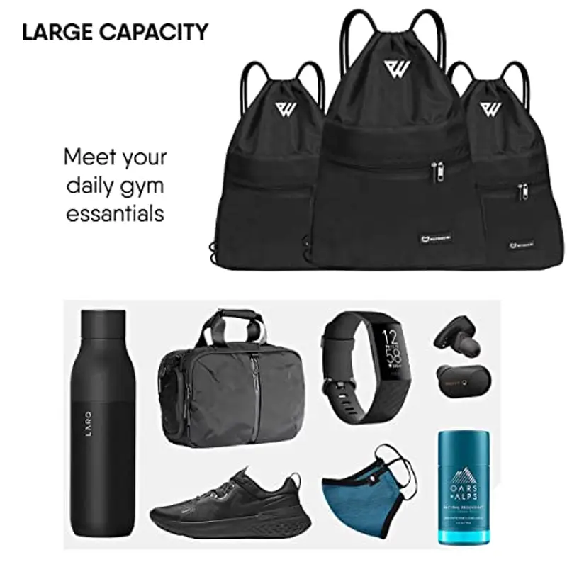 WESTWOOD FOX WFX - Borsa con coulisse, impermeabile, per sport, palestra, per donne e uomini, in polietilene, tasca esterna con cerniera, scuola, spiaggia, vacanze, Nero miniatura 2