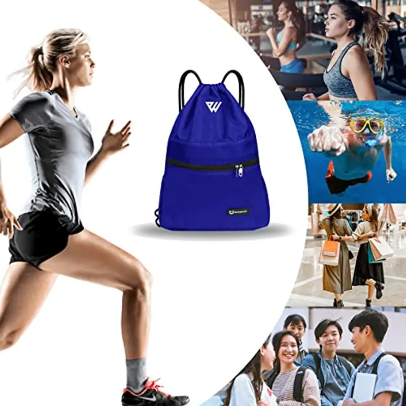 WESTWOOD FOX WFX - Sacca con coulisse, impermeabile, per sport, palestra, da donna, da uomo, in polietilene, tasca esterna, con cerniera, per scuola, spiaggia, vacanze, nuoto, viaggi, Blu, Taglia miniatura 3