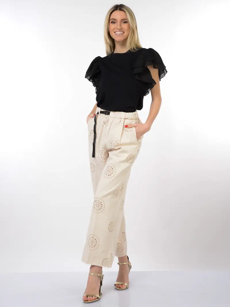 pantalone da donna White Sand ampio a fantasia jacquard traforata BEIGE miniatura 2