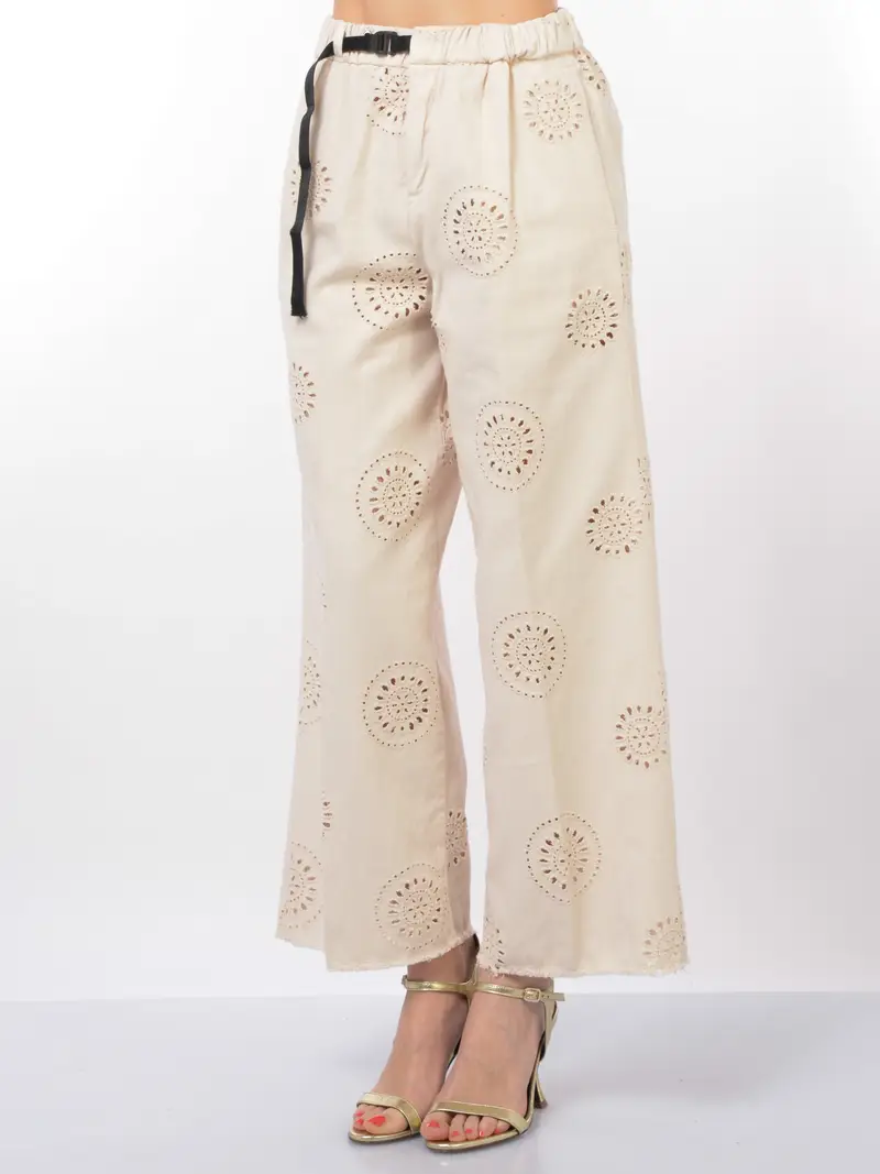 pantalone da donna White Sand ampio a fantasia jacquard traforata BEIGE