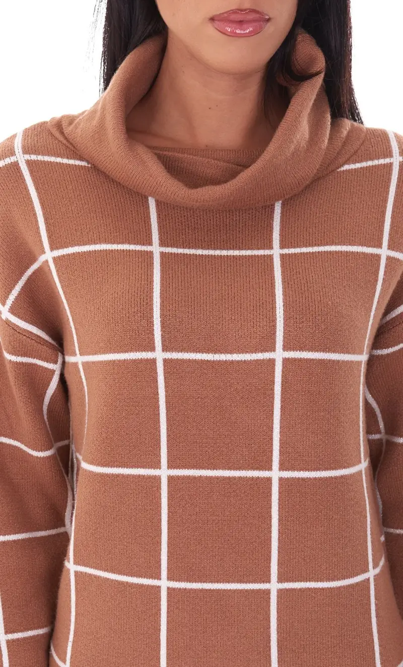 Abito in maglia white wise dolcevita a quadri, colore cammello miniatura 2