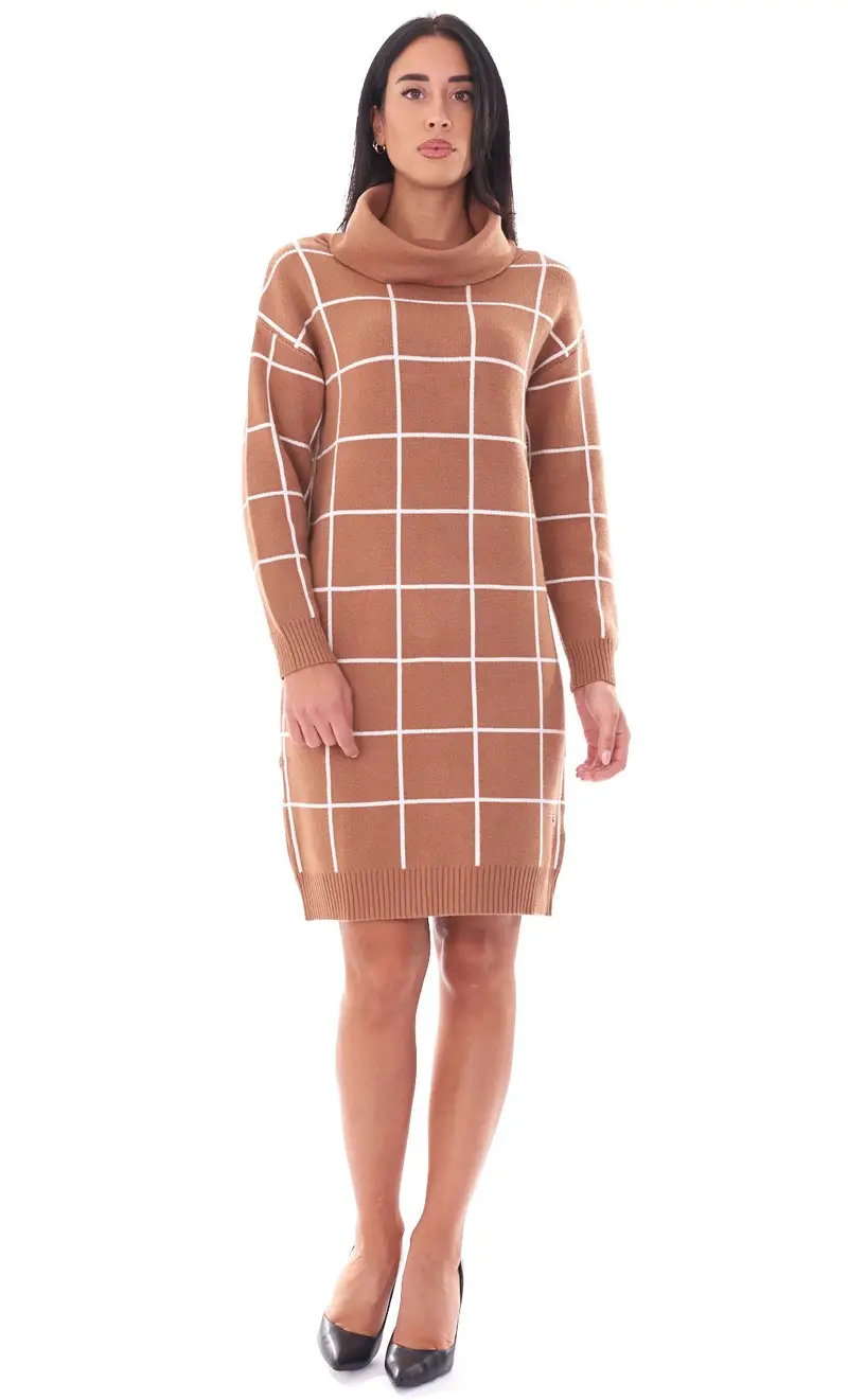 Abito in maglia white wise dolcevita a quadri, colore cammello