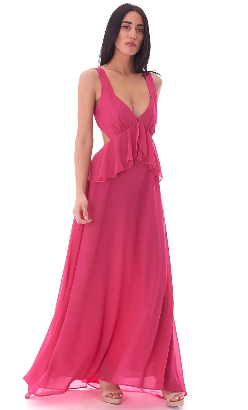 Abito lungo white wise in geogette con balza, colore fuxia