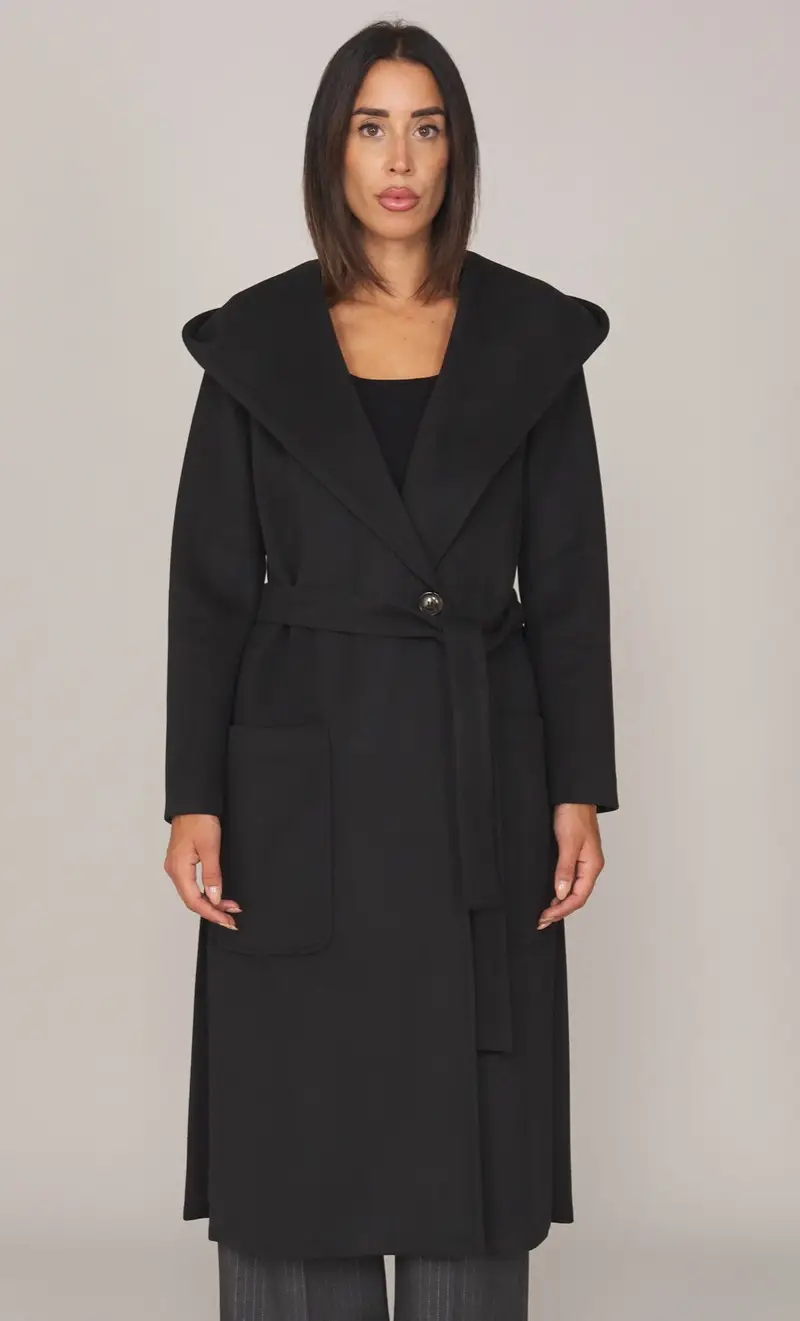 Cappotto lungo white wise doppiopetto con cappuccio, colore nero